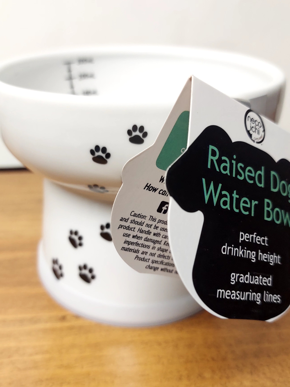 Necoichi Raised Small Dog Water Ceramic Bowl, White with Black Paw Print, 12oz